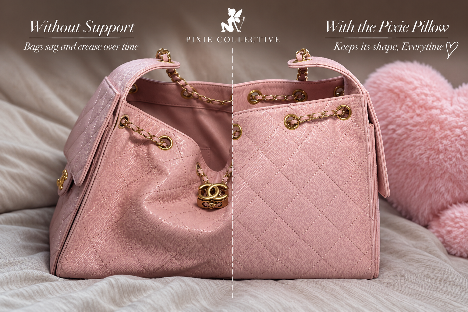 Before and after split image of a pink quilted Chanel bag, sagging and creased without support on the left, structured and shaped with a Pixie Collective purse pillow on the right